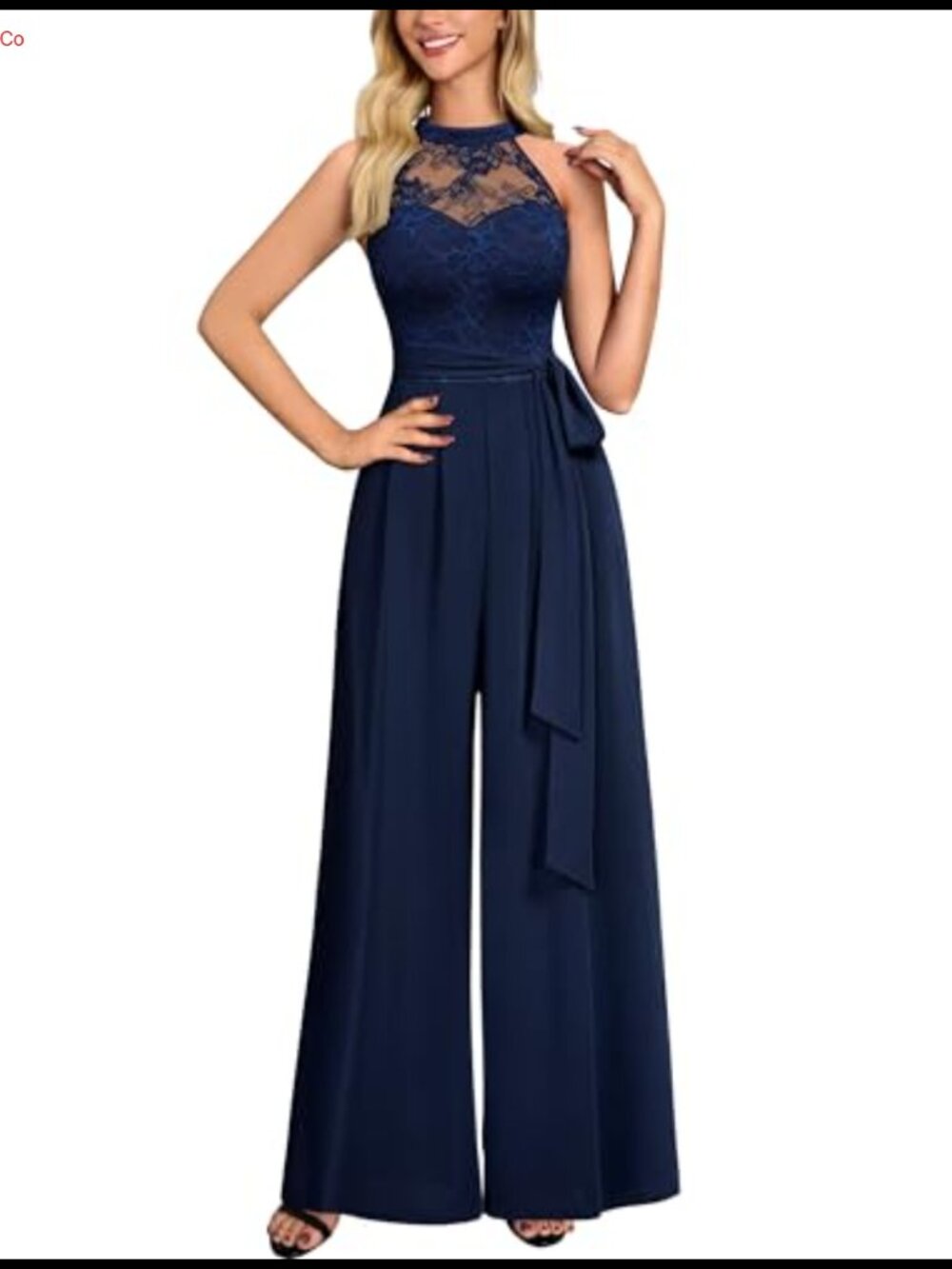Sleeveless Halter Neck Jumpsuit with Belt & Pockets Stretchy Wide Leg
